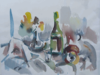 Carl Pflueger: Stilleben mit Flasche, Aquarell, ca. 1980